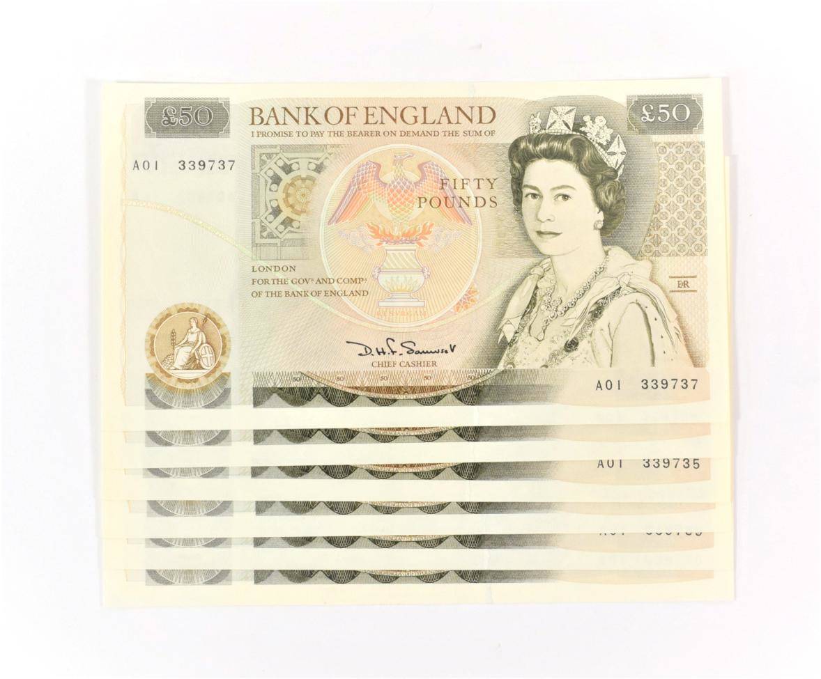 Lot 60 - Bank of England £50 (6), pictorial type, rev. Sir Christopher Wren, Somerset contoured thread...