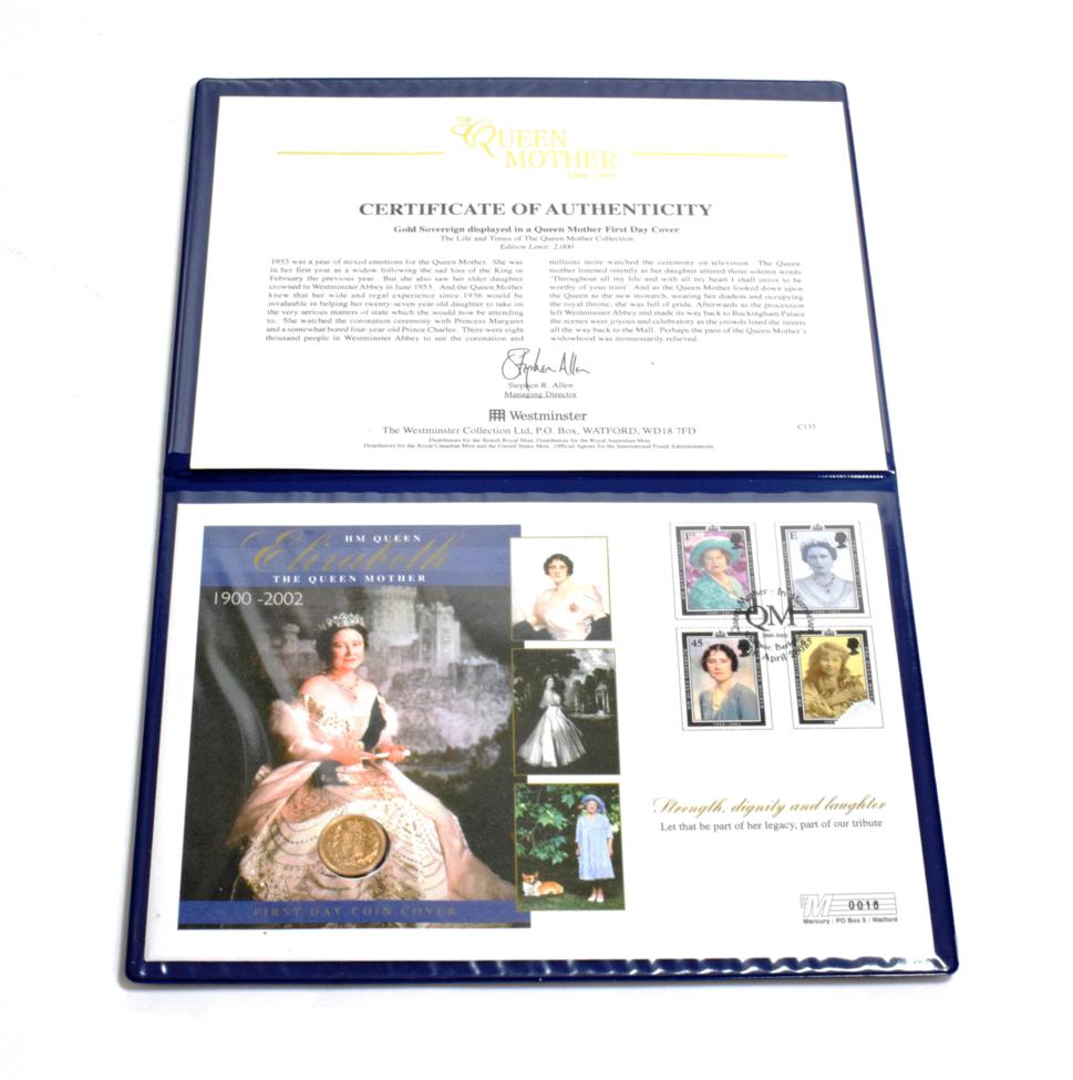 Lot 75 - Gold Sovereign 2002 in a Queen Mother First Day Cover, in a Westminster leatherette folder with...