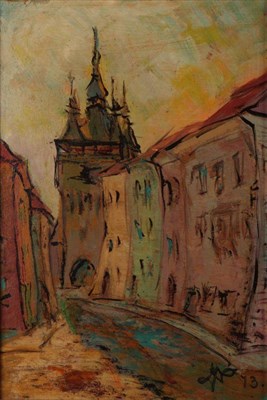 Lot 1102 - Father Nagy (20th century), ''Dracula's House'', initialled and dated (19)73, oil on board,...