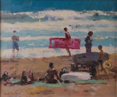 Lot 1103 - Gordon Radford (1936-2015), ''Beach at Scarborough'', signed, inscribed verso, oil on board,...