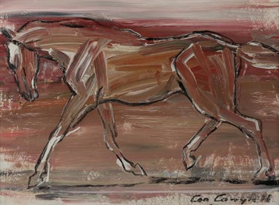 Lot 1107 - Con Campbell (b.1946), ''Striding Horse'', signed, inscribed verso, oil on board, 14cm by 19cm...