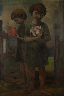 Lot 1117 - Harold Wood (1918-2014), ''Two Girls with Flowers'', signed and dated 1956, oil on canvas,...