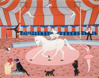 Lot 1120 - Lowell Dobbs (b.1938), ''Rehearsal in the Big Top'', signed and inscribed verso, oil on canvas,...