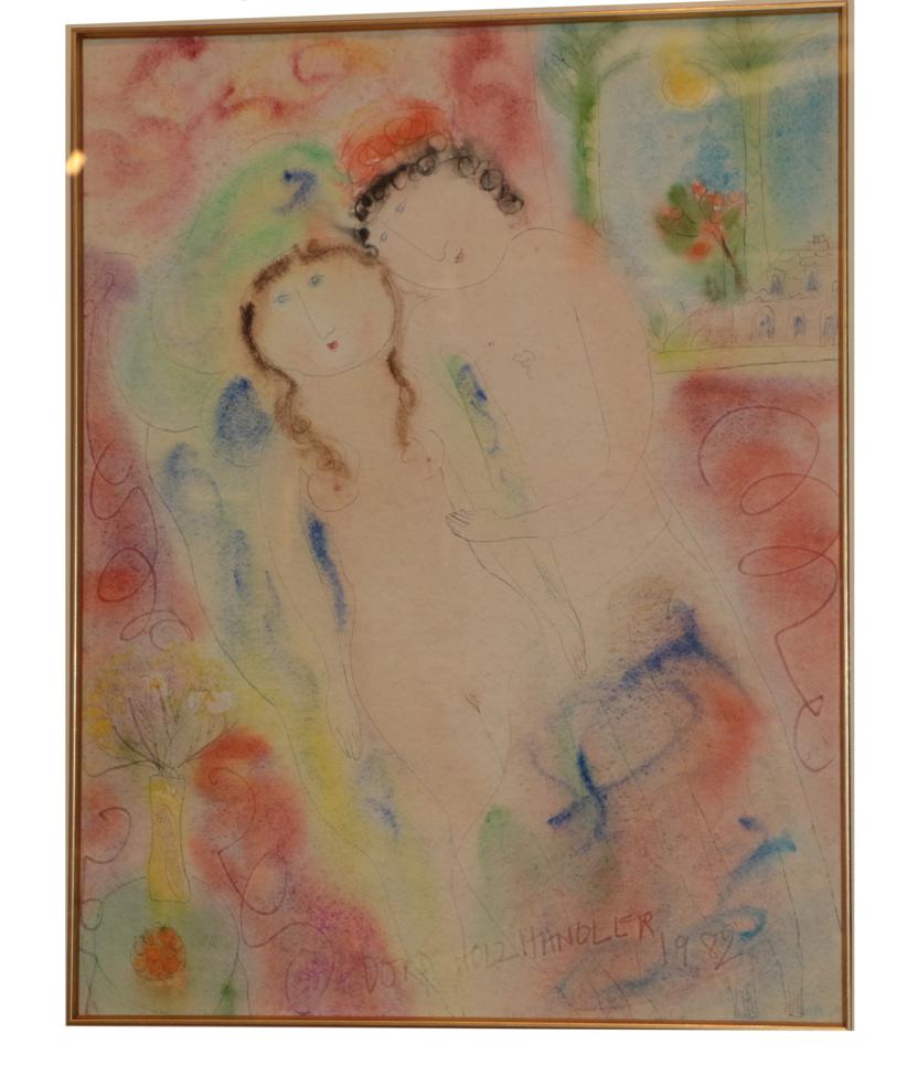 Lot 1124 - Dora Holzhandler (1928-2015) ''Mediterranean Lovers'', signed and dated 1982, mixed media, 46cm...