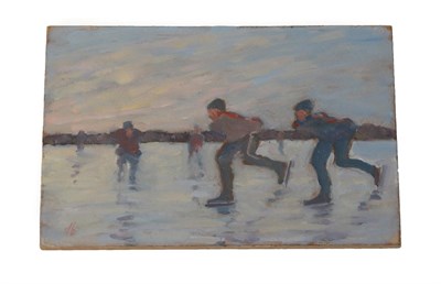 Lot 1125 - David Baxter (b.1942), ''Sledging on Mousehold Heath, Norwich'', signed, oil board together...