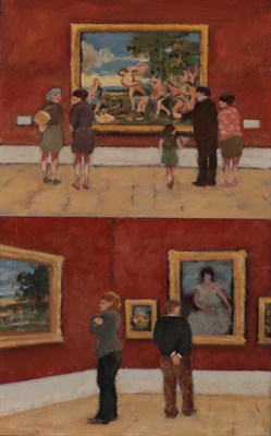 Lot 1128 - David Baxter (b.1942), ''Admiring the Titian'', signed, inscribed verso, oil on board, together...
