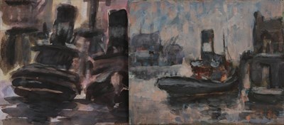 Lot 1131 - Edwin Scotterz (b.1920), ''Glasgow Tug'', signed, mixed media on paper, together with a further...