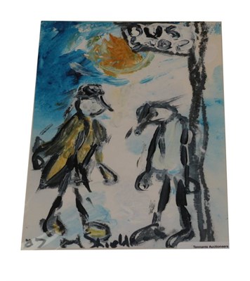 Lot 1132 - Maureen Shields (Contemporary), ''Waiting at the Bus Stop'', mixed media on paper, together...