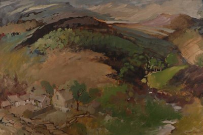 Lot 1133 - Irene Welburn (1910-2000) ''Landscape with Farm'', signed, oil on board, 59cm by 89cm  Artist's...