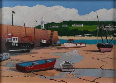 Lot 1140 - Tim Treagust (b.1958), ''The Blue Boat, St.Ives'', signed and inscribed verso, oil on board,...