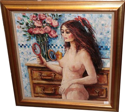 Lot 1145 - Mary Gallagher (b.1953)  ''The Looking Glass'', signed, oil on canvas, 74cm by 75cm  Artist's...