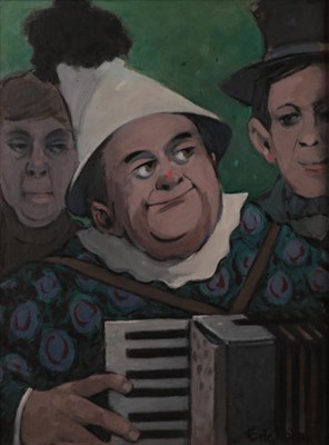 Lot 1147 - Eric Rolfe (20th/21st century), ''Clown with Accordion'', signed, inscribed verso, oil on...