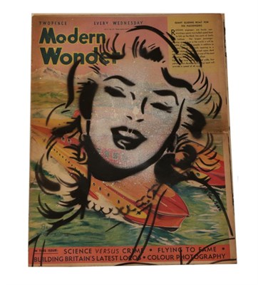 Lot 1150 - Martin C Shaw (Contemporary), ''Lovely Lady'', black acrylic spray paint on 1930's newspaper,...