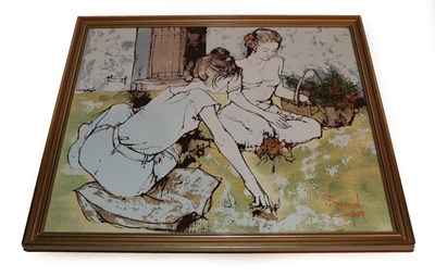 Lot 1151 - Bernard Dufour (XX-XXI) French, Two ladies gardening, signed, mixed media, together with two...