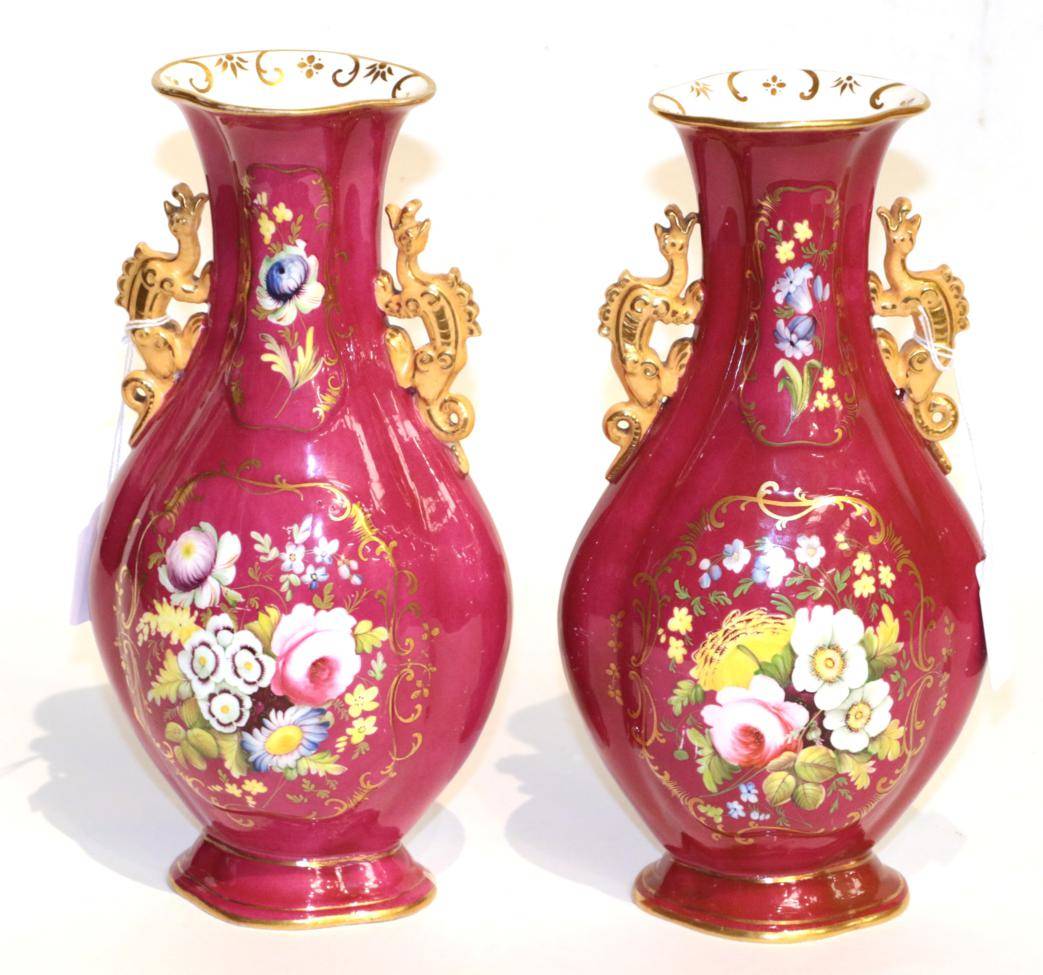 Lot 7 - A pair of late 19th century English porcelain vases, twin dragon handles, floral painted,...
