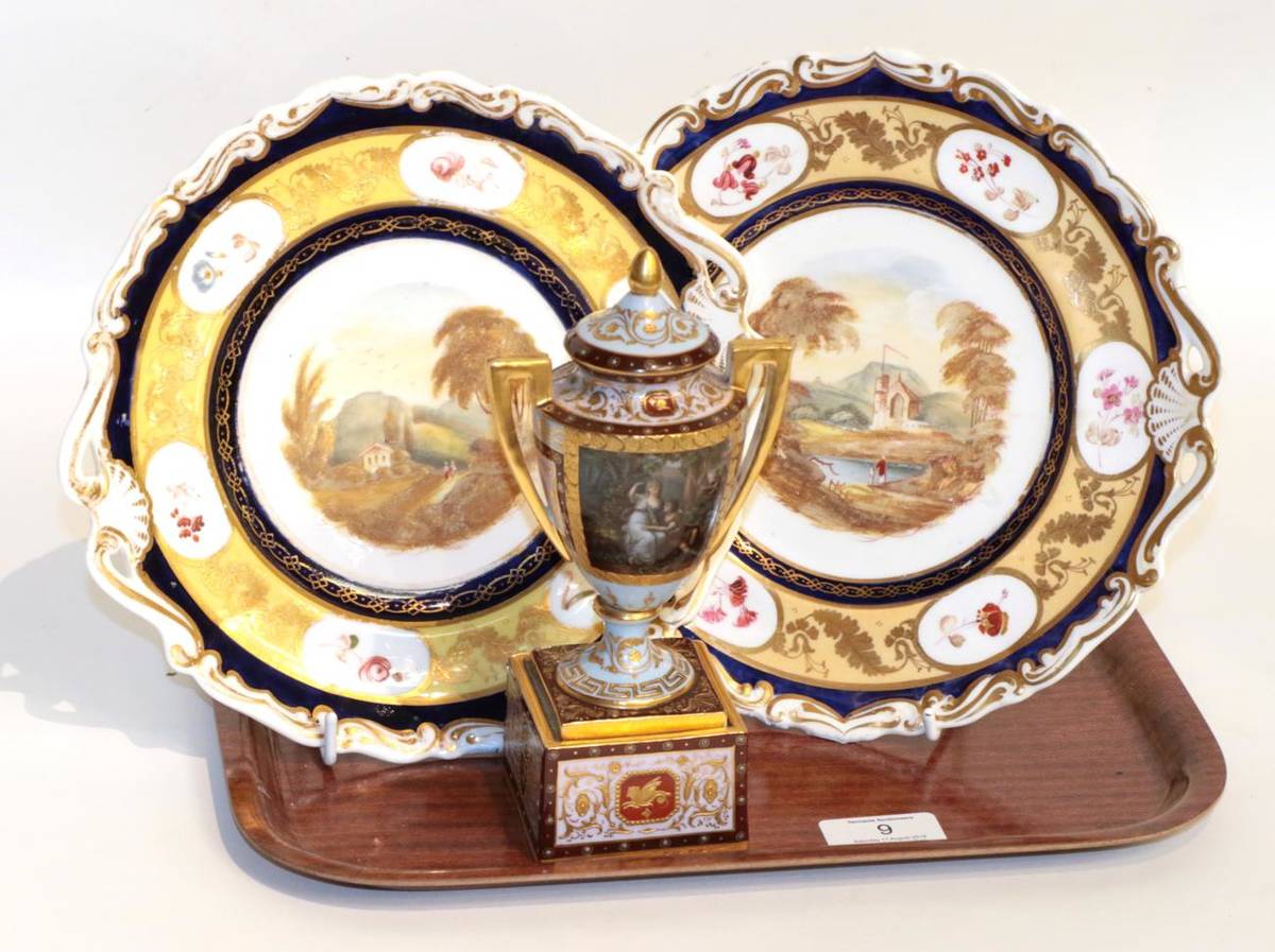 Lot 9 - A 19th century Vienna porcelain twin handled urn and cover decorated with a vignette of lovers...