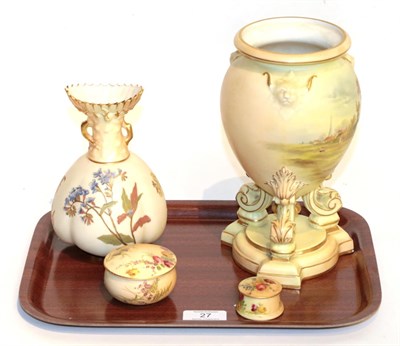 Lot 27 - Grainger & Co vase painted with a pastoral landscape and three items of Royal Worcester blush ivory