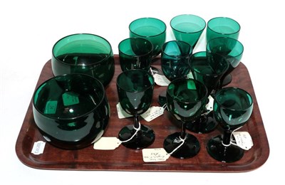 Lot 34 - A group of early to mid 19th century green glass wines, various shapes, and two similar rinsers