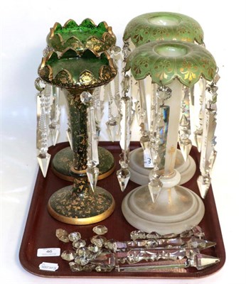 Lot 46 - A pair of Victorian green and gilt table lustres, together with another pair of green opaque...