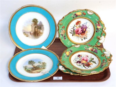 Lot 48 - A pair of 19th century Minton cabinet plates decorated with Continental scenes, together with a set