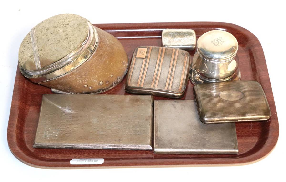 Lot 51 - Four silver cigarette cases, silver vesta, a silver covered box and a white metal mounted horseshoe