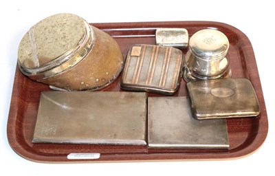 Lot 51 - Four silver cigarette cases, silver vesta, a silver covered box and a white metal mounted horseshoe