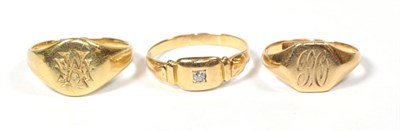 Lot 54 - A diamond set signet ring, unmarked, finger size R1/2; an 18 carat gold signet ring with...