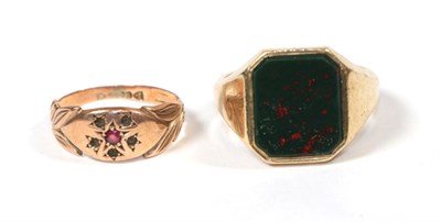 Lot 59 - A 9 carat gold bloodstone signet ring, finger size T1/2; and two 9 carat gold rings, finger...