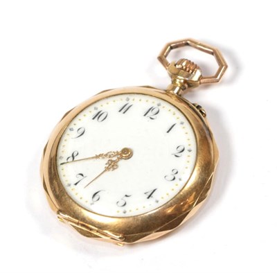 Lot 64 - A fob watch, the case stamped '585', with enamel dial and Arabic numerals