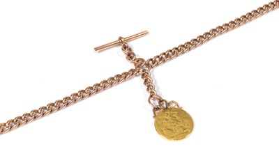 Lot 82 - A double Albert watch chain, each link stamped '9' '375', with T-bar and soldered Victorian...