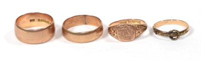 Lot 92 - Two 9 carat gold band rings, finger sizes P and Q1/2; a 9 carat gold signet ring, finger size N1/2