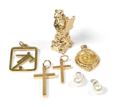 Lot 98 - Two 18 carat white gold cultured pearl pendants; and five 9 carat gold pendants/charms...