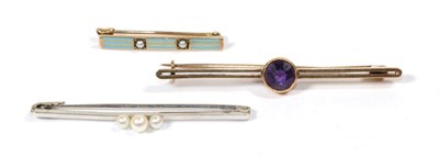 Lot 101 - Three bar brooches including an amethyst example; and a sapphire and pearl hoop brooch with applied