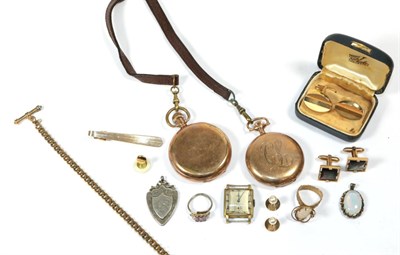 Lot 109 - Assorted jewellery including two gold plated pocket watches; another wristwatch; cufflinks;...