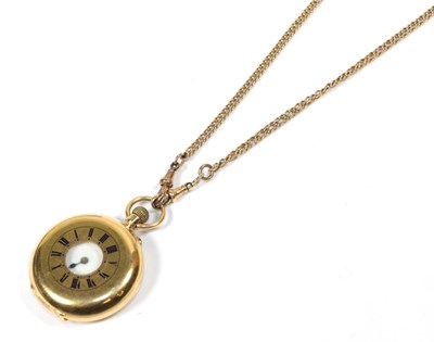 Lot 110 - A lady's half hunter pocket watch, case stamped '18C', with attached yellow metal chain
