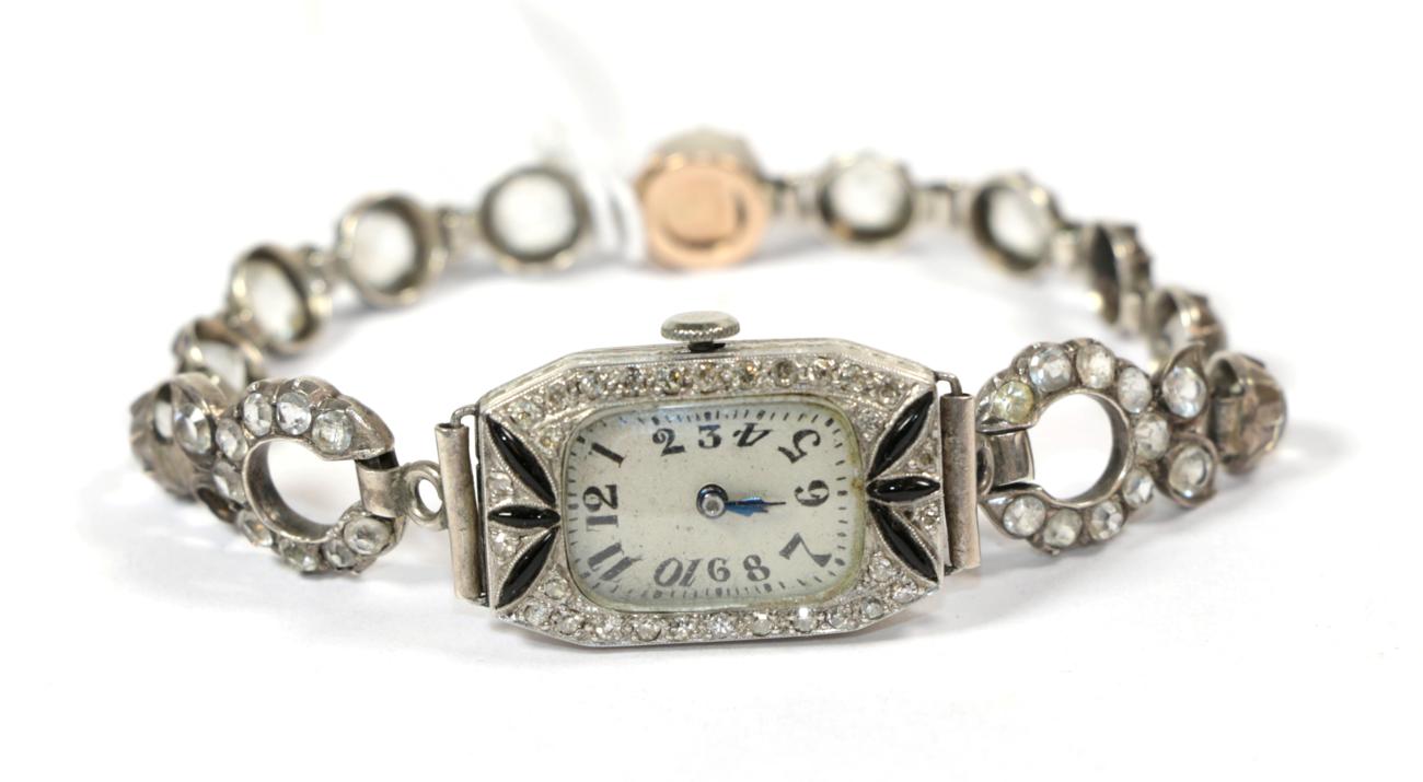 Lot 117 - A lady's diamond and paste set Art Deco wristwatch, inside case back inscribed ''All Platinum''