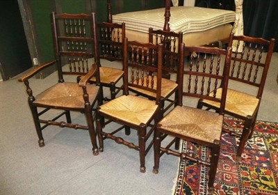 Lot 1459 - A Harlequin Set of Five 19th Century Lancashire Ash and Rush Seated Chairs, with double spindle...