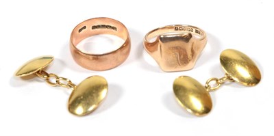 Lot 129 - A 9 carat gold signet ring, finger size Q; a 9 carat gold band ring, finger size Q; and pair of...