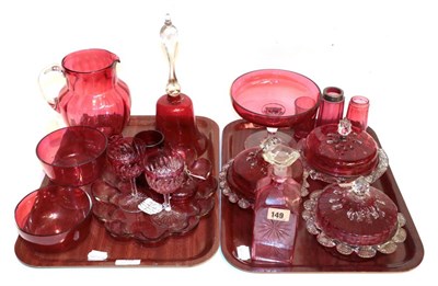 Lot 159 - Two trays of 19th century cranberry glass including a small mug decorated with gilt filled...