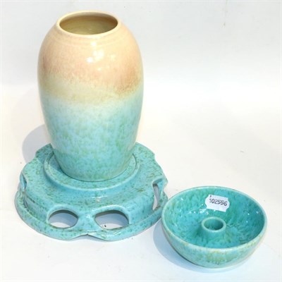 Lot 164 - Ruskin pottery vase on stand; and a matching candlestick (3)