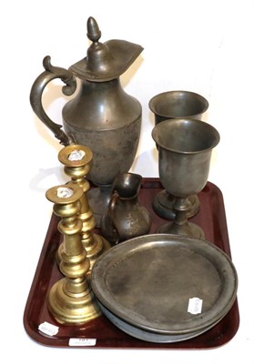 Lot 181 - A group of 19th century pewter by Broadhead & Atkin, Sheffield comprising a claret jug, two goblets