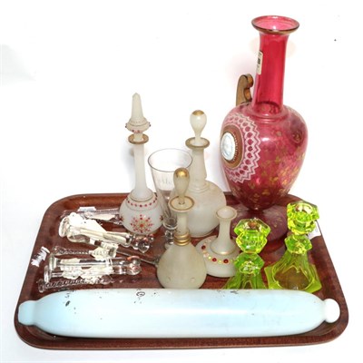 Lot 190 - A tray of 19th century glass including sugar crushers, rolling pin, twin handled cameo mounted...