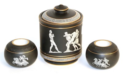 Lot 192 - A Pratt Fenton 'Old Creek' tobacco jar and cover and a pair of matching match strikers