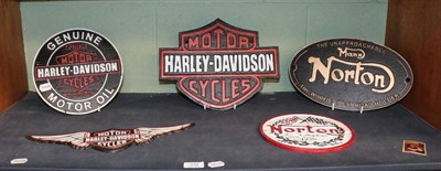 Lot 218 - Five signs: two Norton and three Harley Davidson