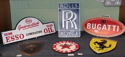 Lot 231 - Six signs: Rolls Royce; Esso; Bugatti; Ferrari; Texaco; Lamborghini