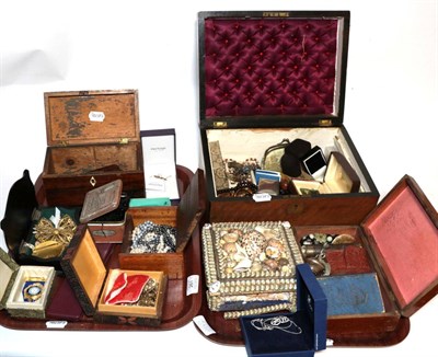 Lot 261 - A quantity of costume jewellery including bead necklaces, brooches, shell mounted jewellery box...