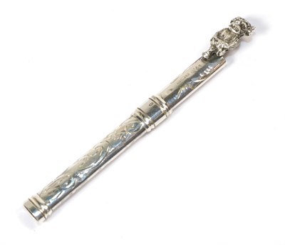 Lot 266 - A George V silver propelling toothpick, by Francis Webb, Birmingham, 1911, surmounted by a...