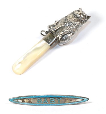 Lot 267 - A George V silver and mother-of-pearl rattle, by H. Matthews, Birmingham, 1910, surmounted by a...