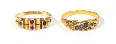 Lot 268 - A sapphire and seed pearl ring, finger size Q; and a 15 carat gold ruby set ring, finger size O...