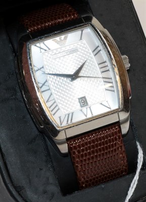 Lot 275 - A tonneau shaped stainless steel calendar centre seconds wristwatch, signed Emporio Armani,...